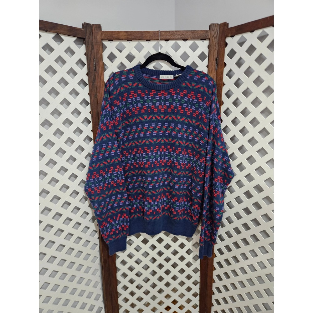 Vtg Claiborne Geometric Knit Cotton Sweater Mens Large 90s Fair Isle Grandpacore